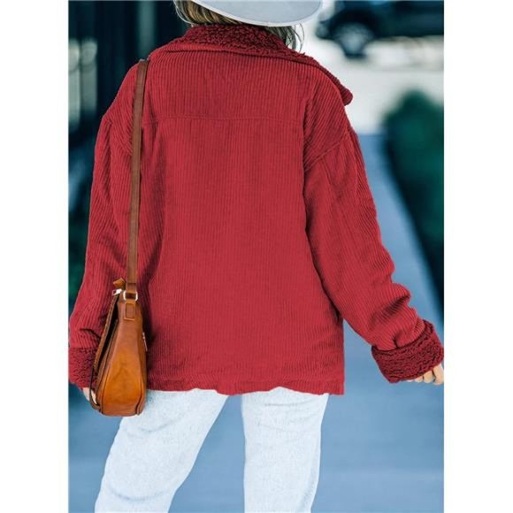 Women's Corduroy Sherpa Jacket Button Down Fleece Fur Collar Winter Coat, Red - Picture 4 of 6